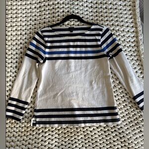 J. Crew White Crewneck Sweater with Black and Blue Stripes Size Extra Small